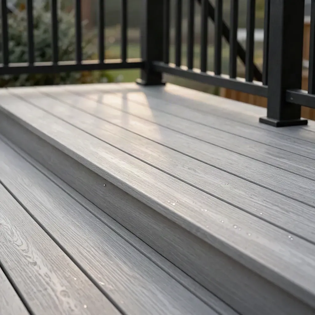 Low close-up of a finished composite deck with black posts and sunlit stair opening.