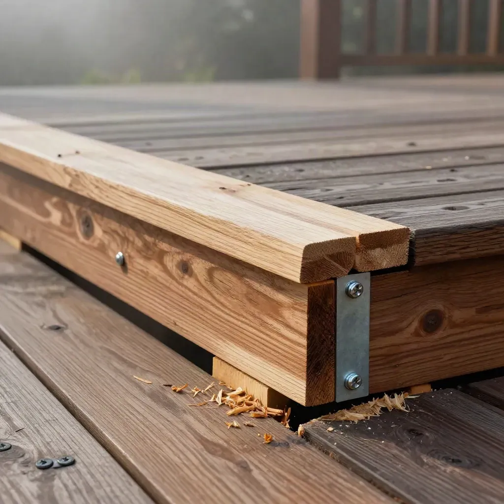 Repaired deck corner with new boards, blocking, screws, and weathered cedar in cold mist.