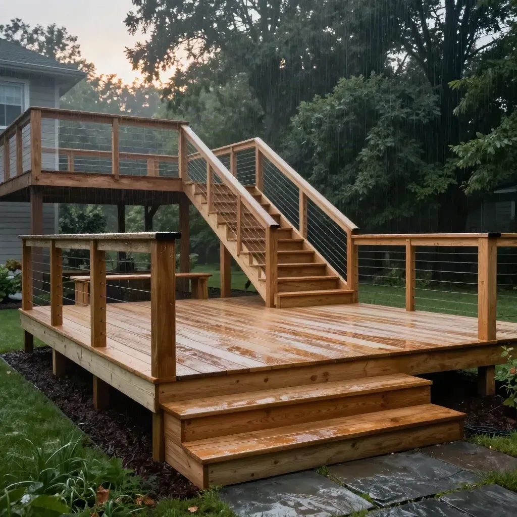 Wet cedar-and-composite deck with black cable rail, broad stairs and pergola after rain, low cinematic angle.