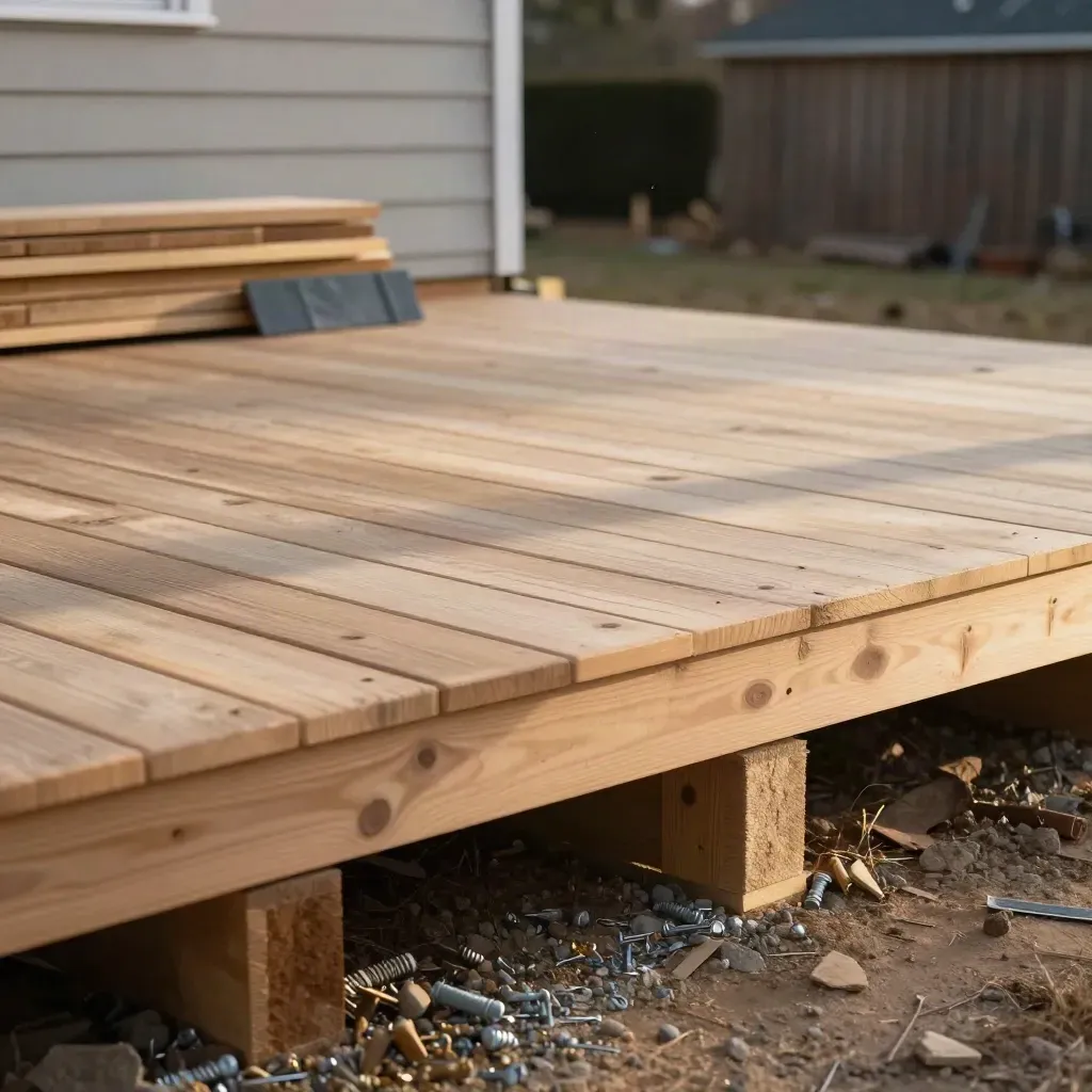 Unfinished cedar deck build with exposed joists, stacked boards, and a broad first step.