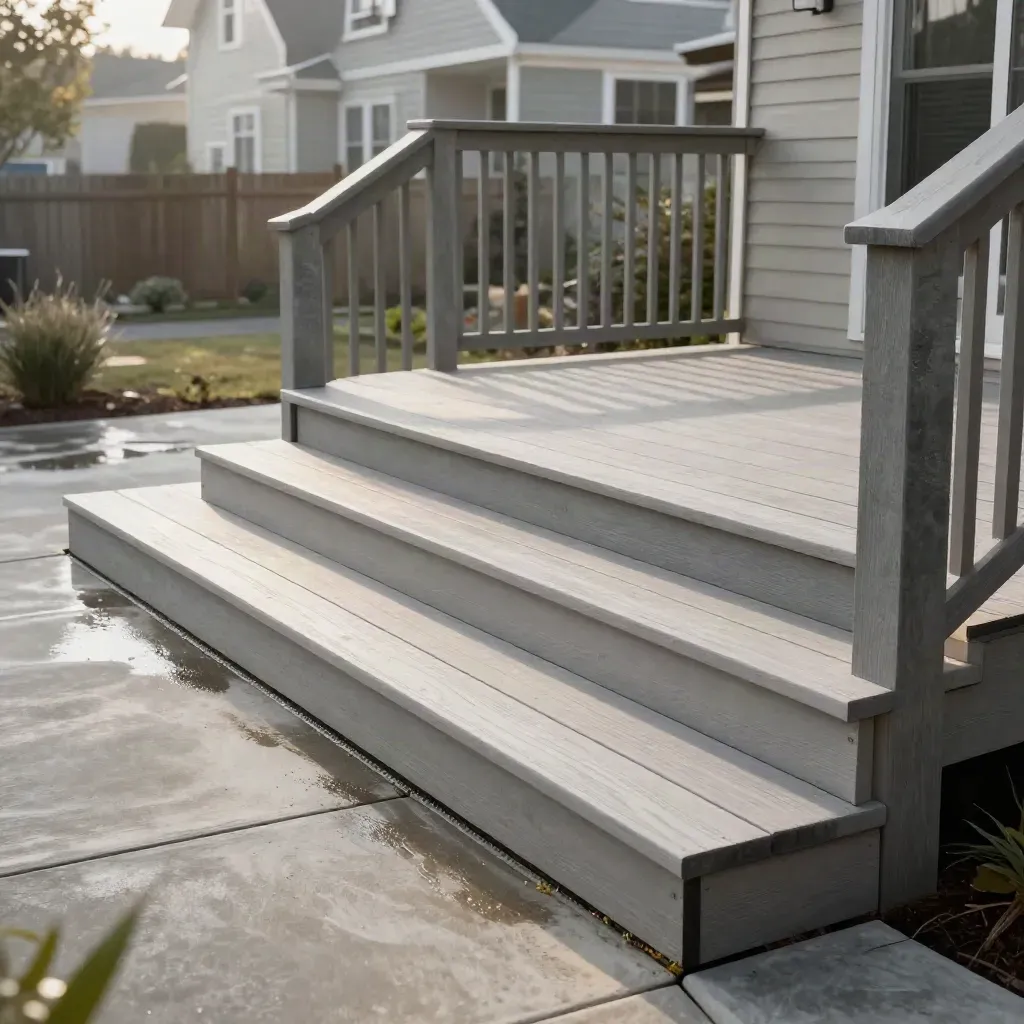 Sunlit composite rental deck with new stairs, crisp trim, and humid haze
