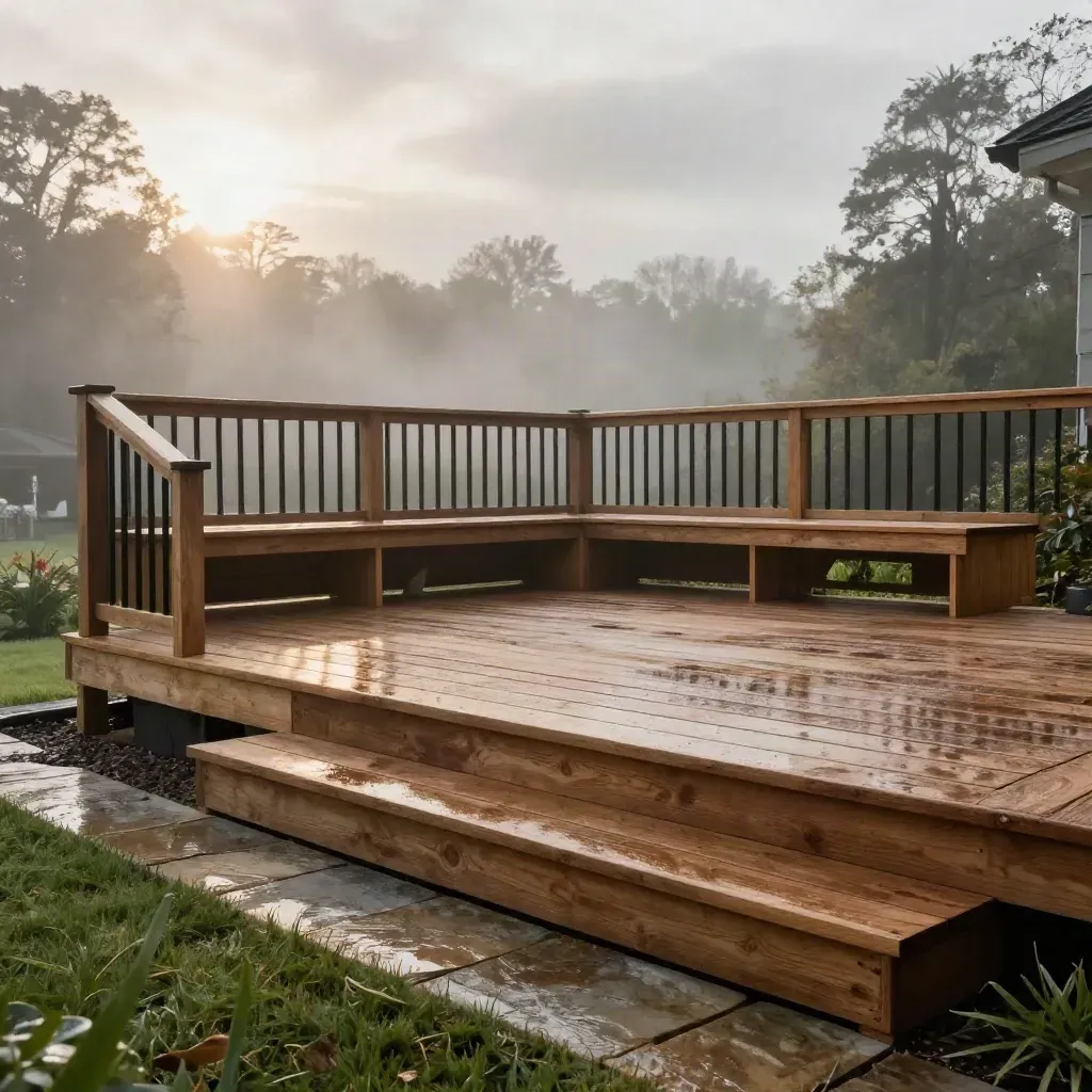Rain-dark cedar family deck with black balusters, wide step, and built-in bench beside a drying path.