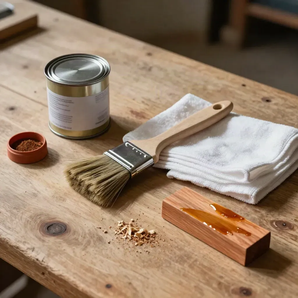 Overhead deck maintenance still life with stain can, brush, cloth, and cedar test block on a workbench.