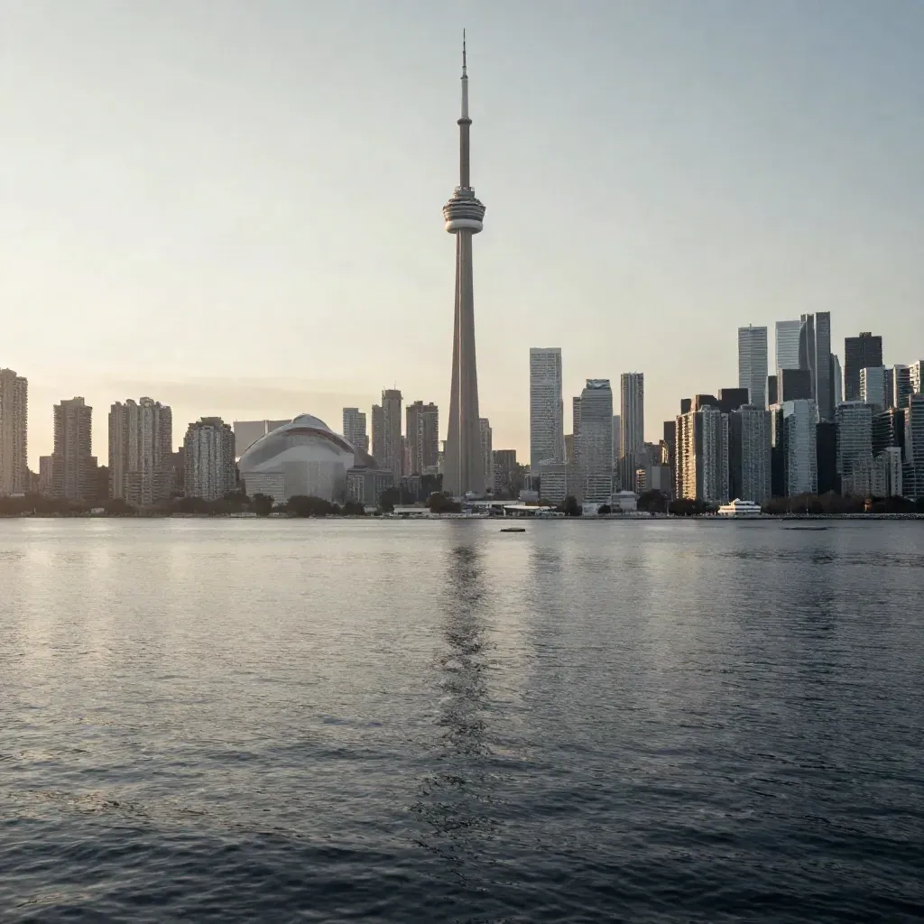 Toronto skyline and CN Tower above calm lakefront water in evening haze