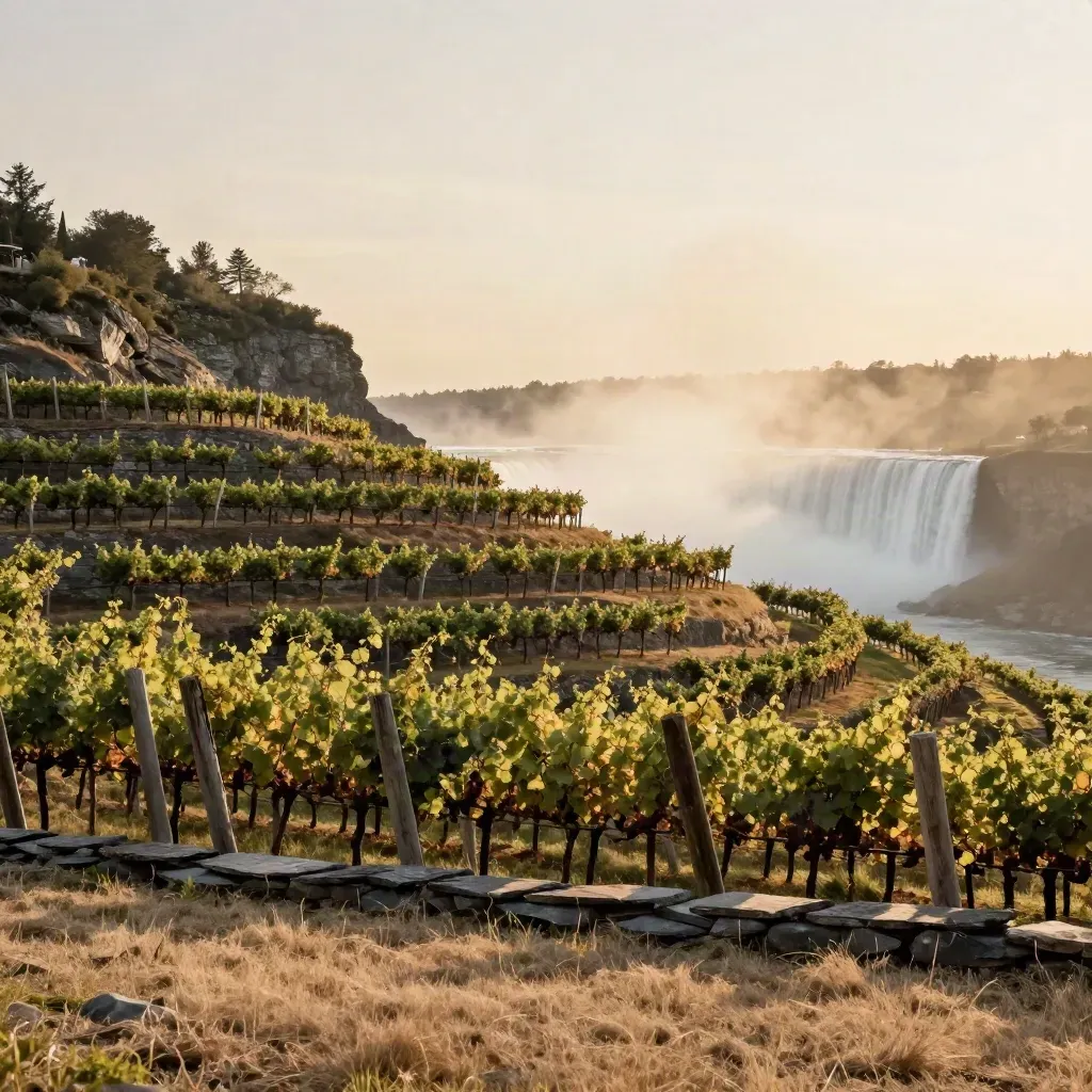 Niagara escarpment vineyards glowing at dusk with a mist plume from the falls on the horizon.